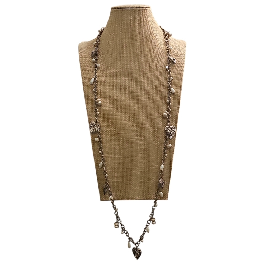 Coldwater Creek Heart Pearl Charm Silvertone Pullover Long Necklace 38"